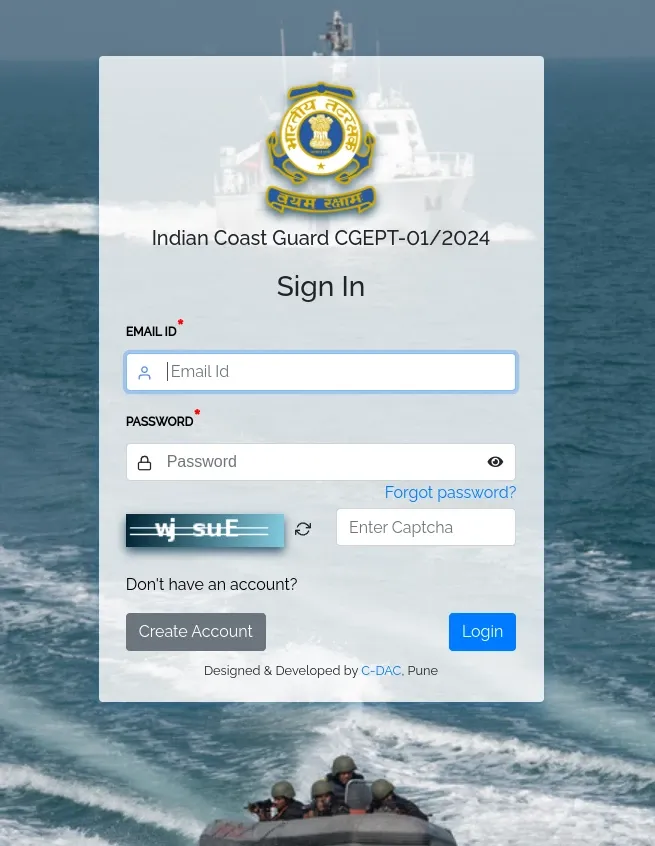 Indian coast guard login page