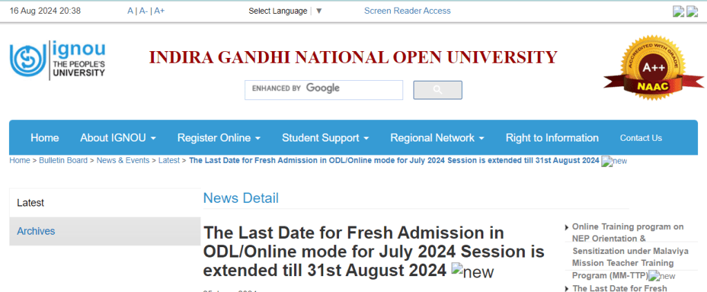 IGNOU Admission & Re-Registration date extended