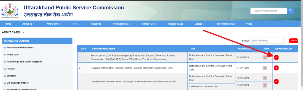 Uttarakhand SI Admit card