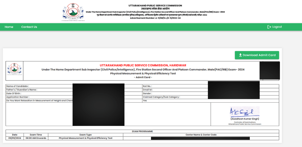 Uttarakhand SI Admit card download